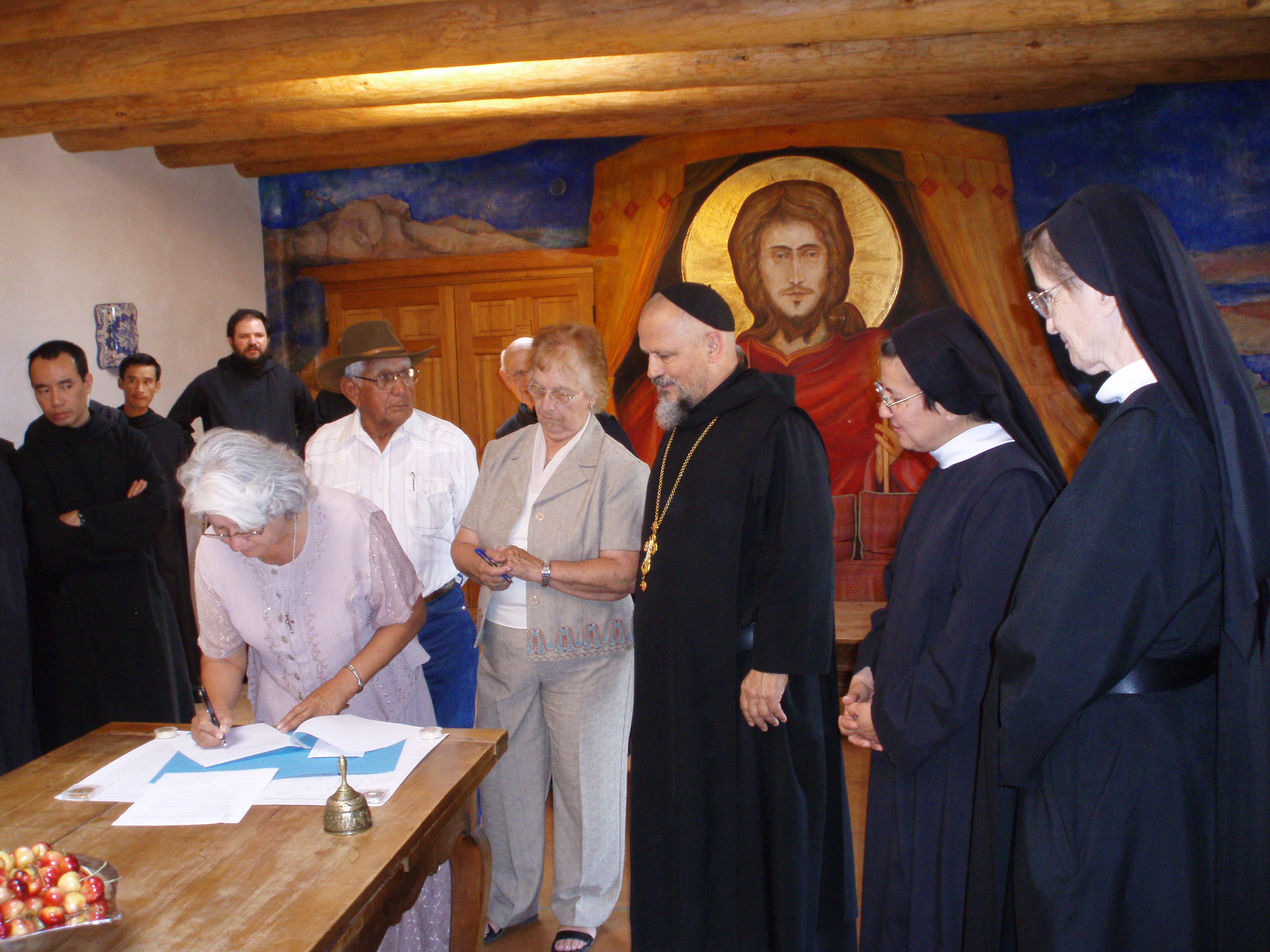 Left to right: Louella B. Evans, Jose Florez, Florence Florez, Abbot Philip Lawrence, Mother Mary Benedicta Serna and Sister Mary Fisher